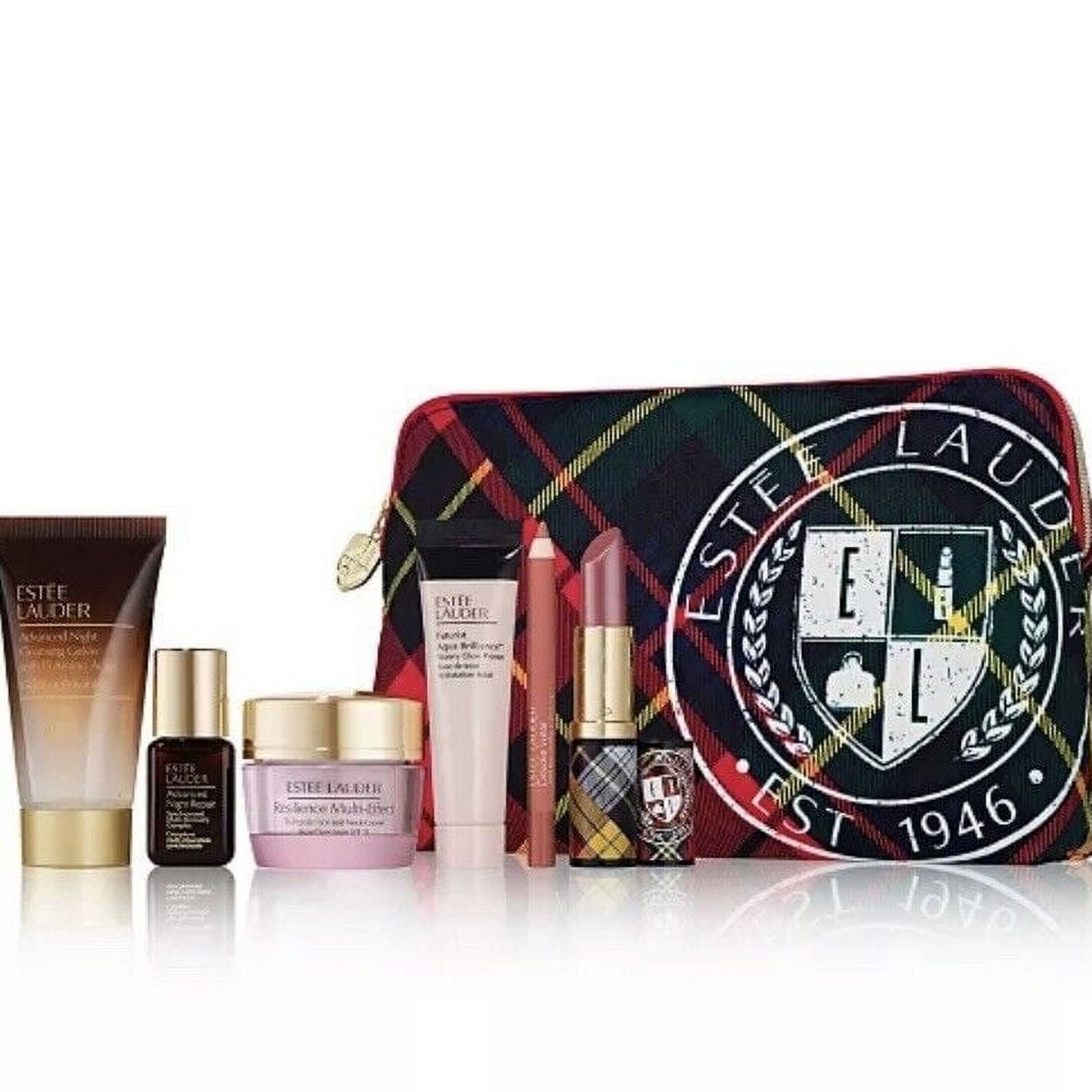 Estee Lauder Plaid Cosmetic Bag with Skincare Set